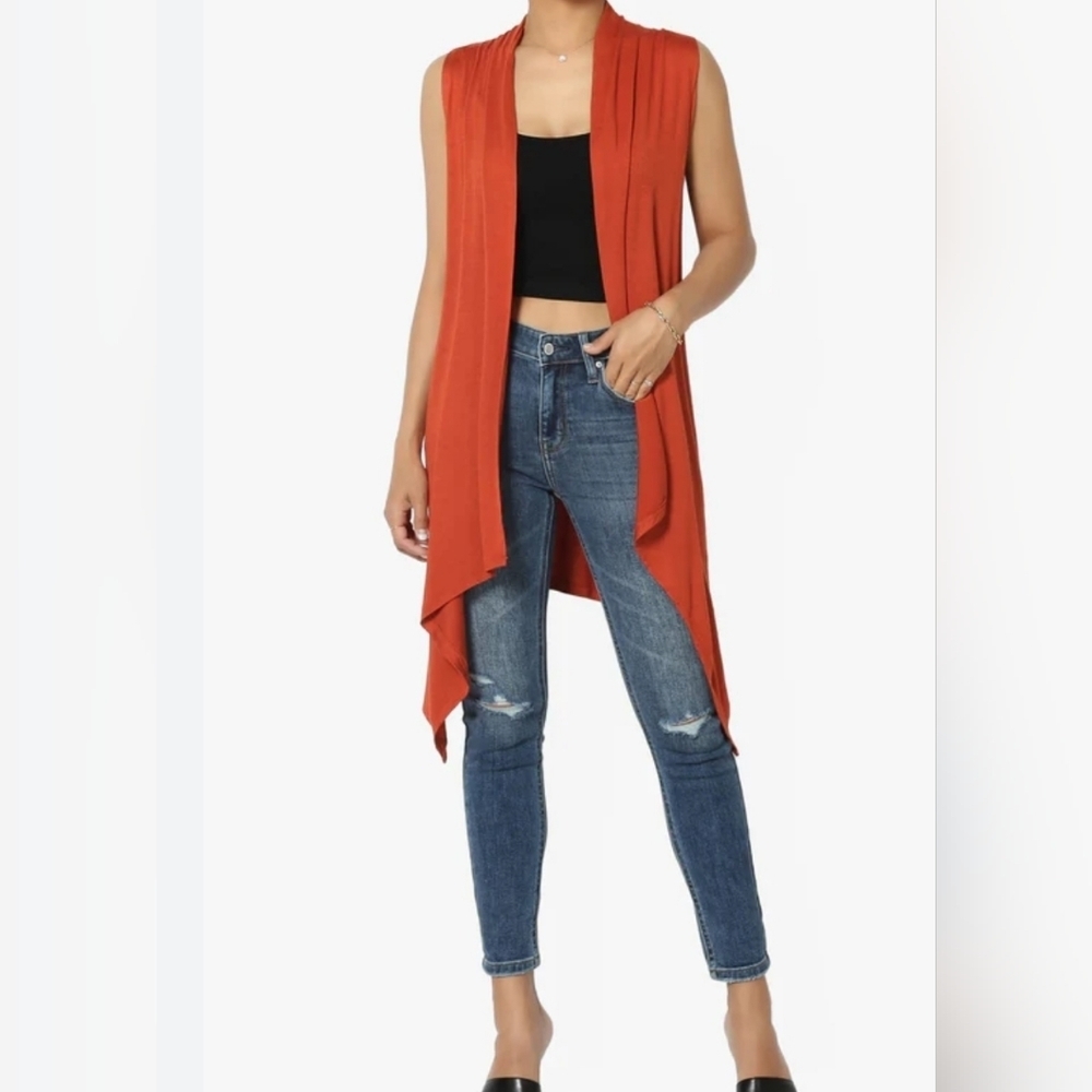 Annabelle Rust Waterfall Vest Size Medium Open Front Draped Stretch #8